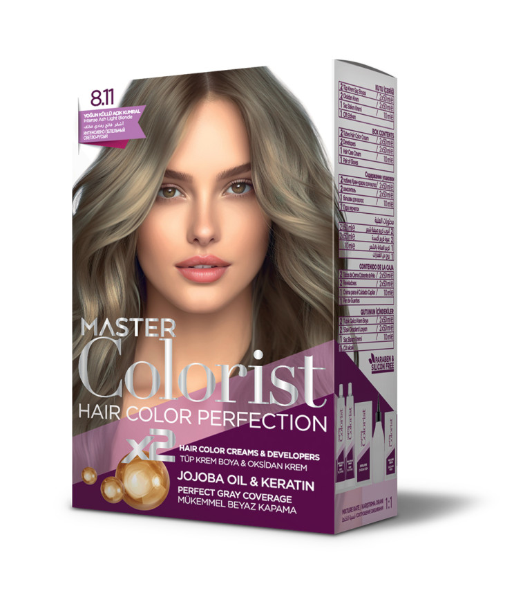 Фарба для волосся Master Colorist 8.11 Інтенсивний попелястий світло-русий, 2x50 мл+2x50 мл+1